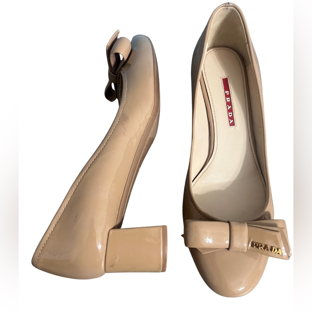 Prada Nude Patent Leather Block Heel Pumps with Bow
